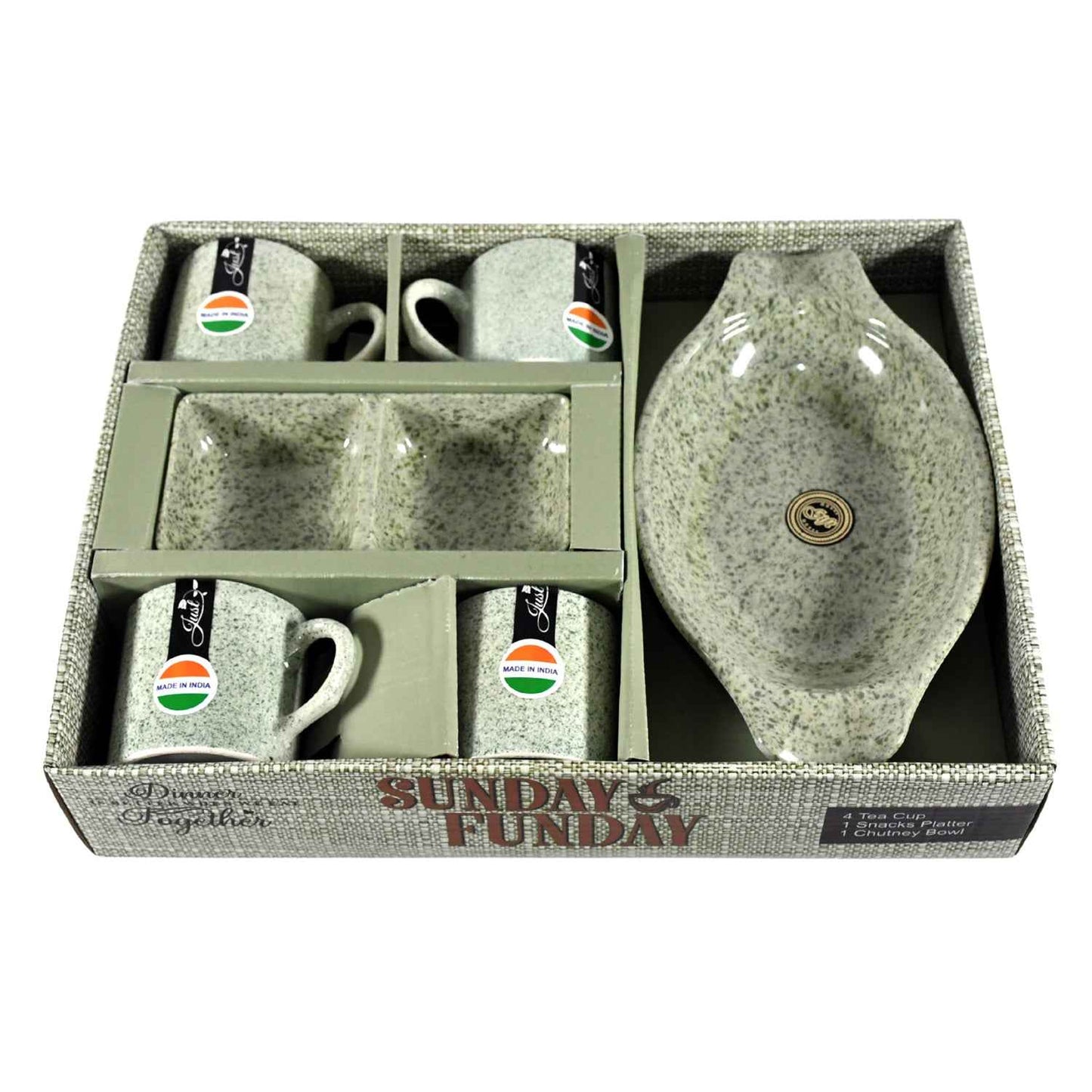8240 Sunday Funday Ceramic Tea  Cups  Mug With Plastic Snacks Platter And 2 Compartment Chutney Bowl Milk Cup Coffee Cup Breakfast Cup Drinking Mug Or Outdoor For Household Gift For Birthday Wedding Party (6 Pcs Set)