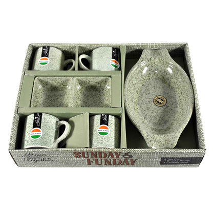 8240 Sunday Funday Ceramic Tea  Cups  Mug With Plastic Snacks Platter And 2 Compartment Chutney Bowl Milk Cup Coffee Cup Breakfast Cup Drinking Mug Or Outdoor For Household Gift For Birthday Wedding Party (6 Pcs Set)