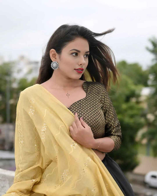 Black and Gold Lehenga Choli with Yellow Dupatta - Elegant Cotton Silk Design - EcomEdge