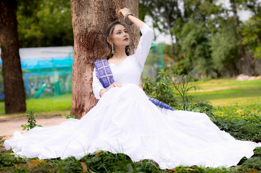 White Cotton Silk Lehenga Choli with 10 Meter Flare & Printed Organza Dupatta - EcomEdge