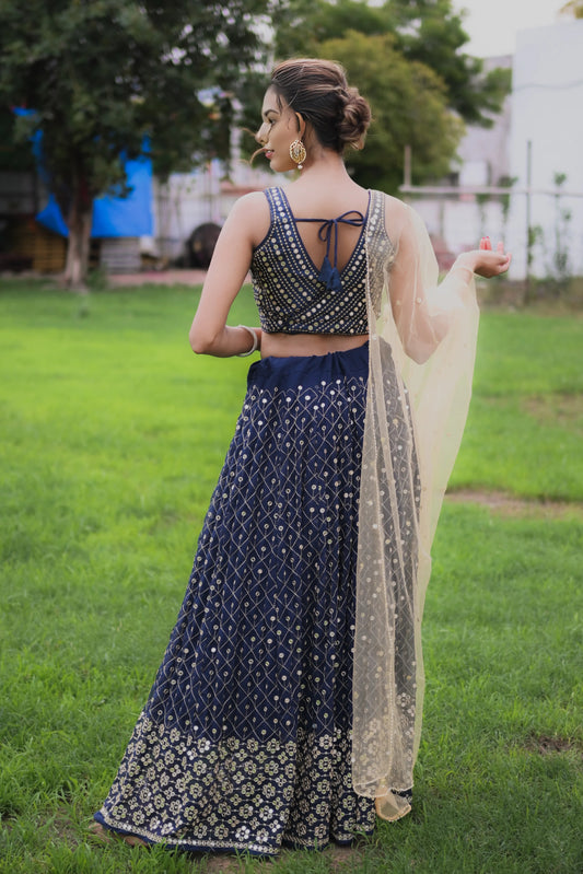 Navy Blue Lehenga Choli with Backless Choli Design, Net Dupatta & Machine Work - EcomEdge