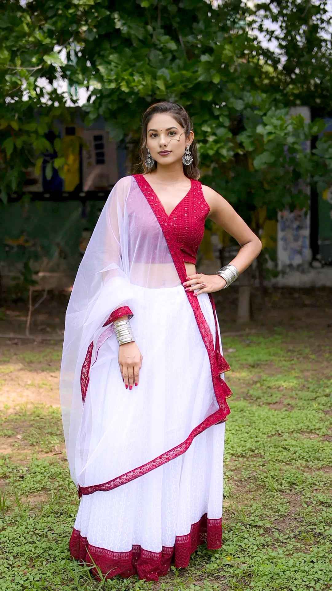Red Brown Choli Lehenga Set with White Lehenga & Net Dupatta - EcomEdge