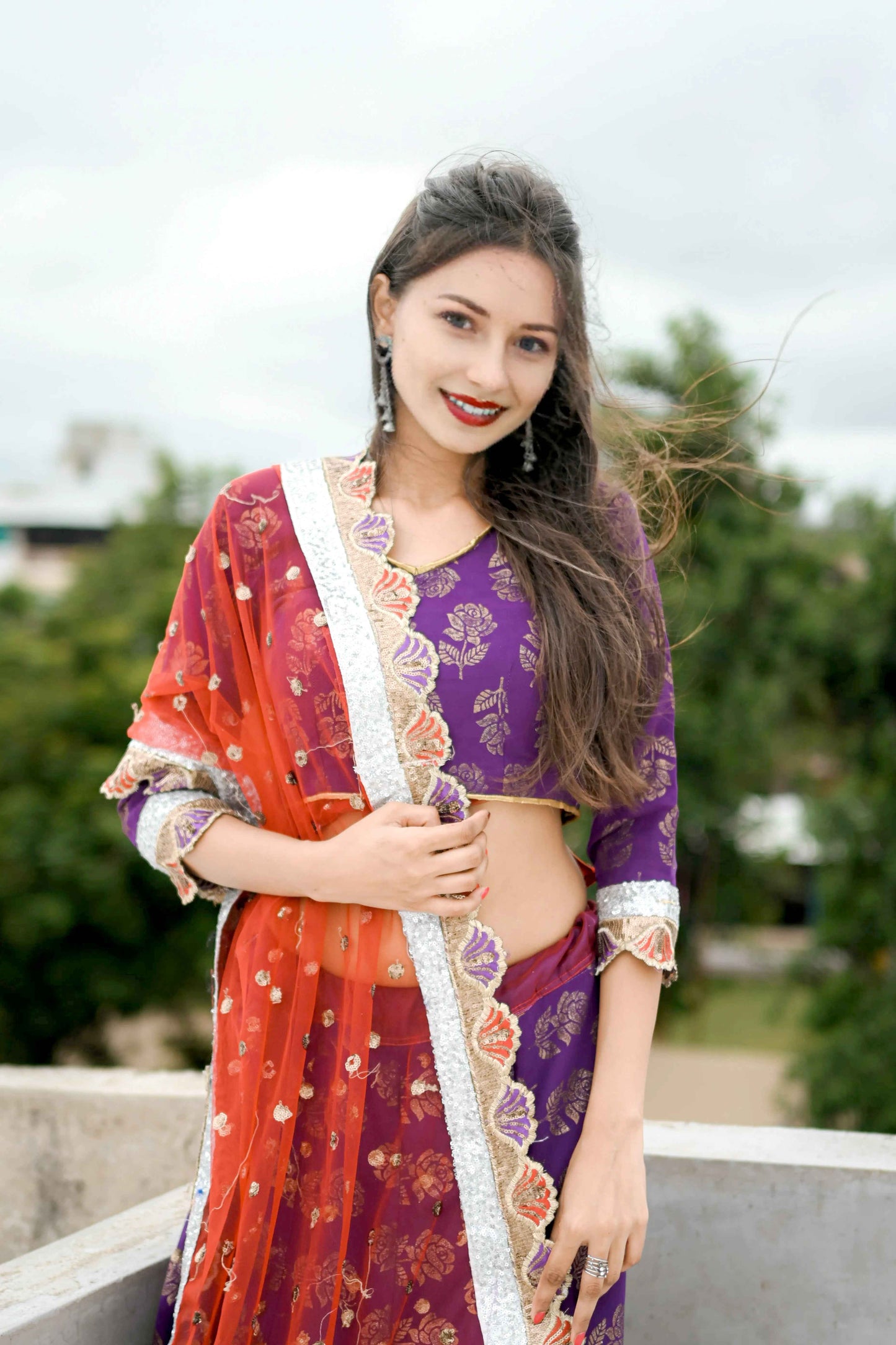 Purple Cotton Lehenga Choli with Maroon Net Dupatta & Printed Design - EcomEdge