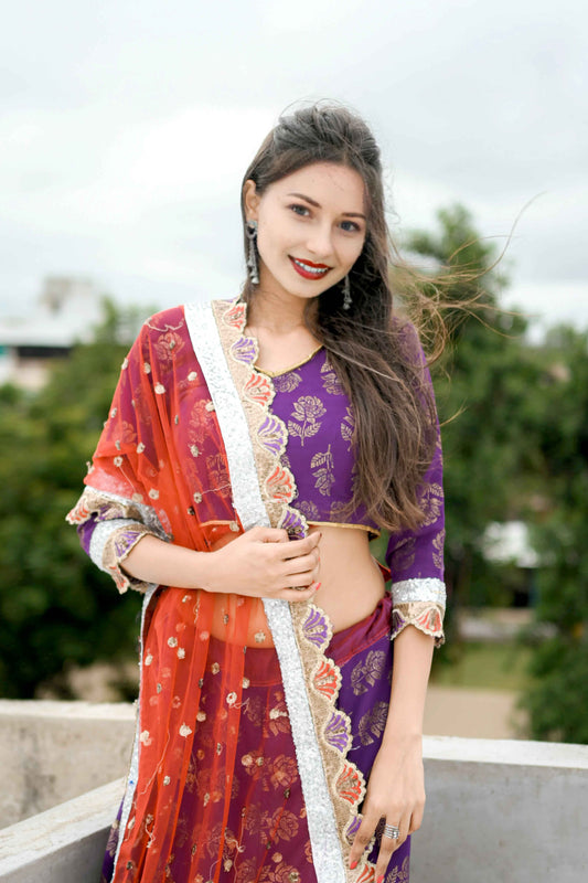 Purple Cotton Lehenga Choli with Maroon Net Dupatta & Printed Design - EcomEdge