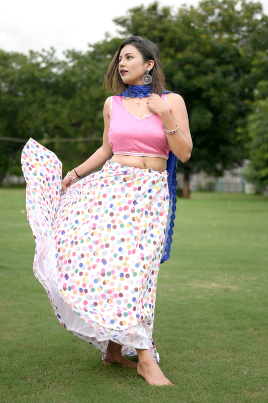 Pink Silk Lehenga Choli with Multicolor Print and Blue Georgette Dupatta - EcomEdge