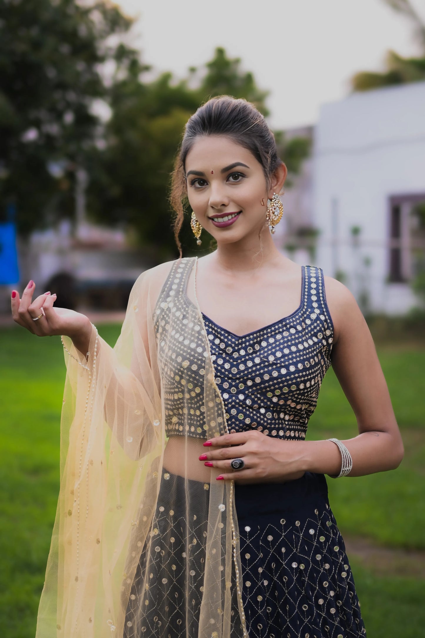 Navy Blue Lehenga Choli with Backless Choli Design, Net Dupatta & Machine Work - EcomEdge