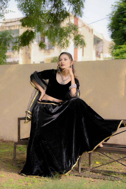 Black Velvet Lehenga Choli with Net Dupatta & Golden Lace - EcomEdge