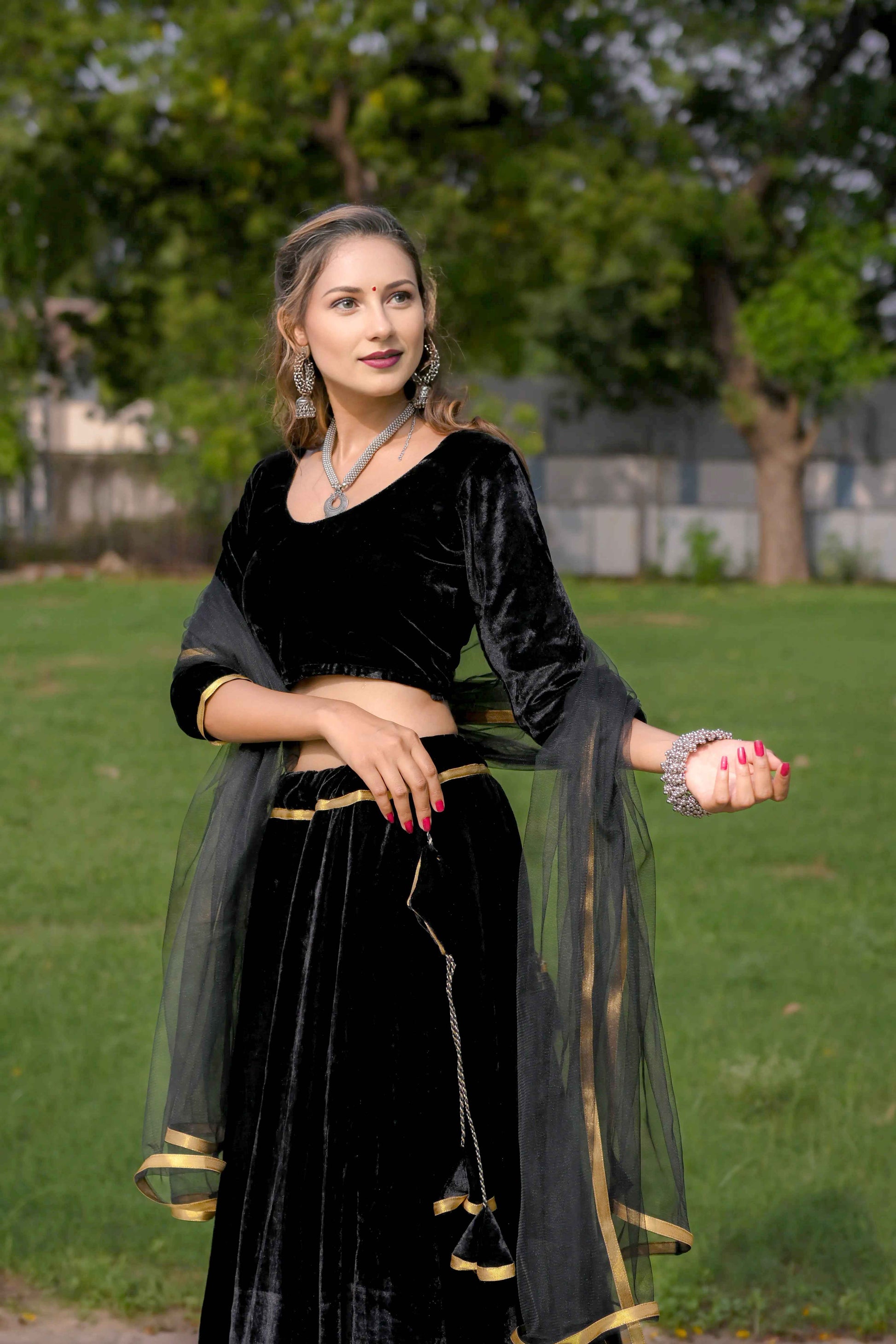 Black Velvet Lehenga Choli with Net Dupatta & Golden Lace - EcomEdge