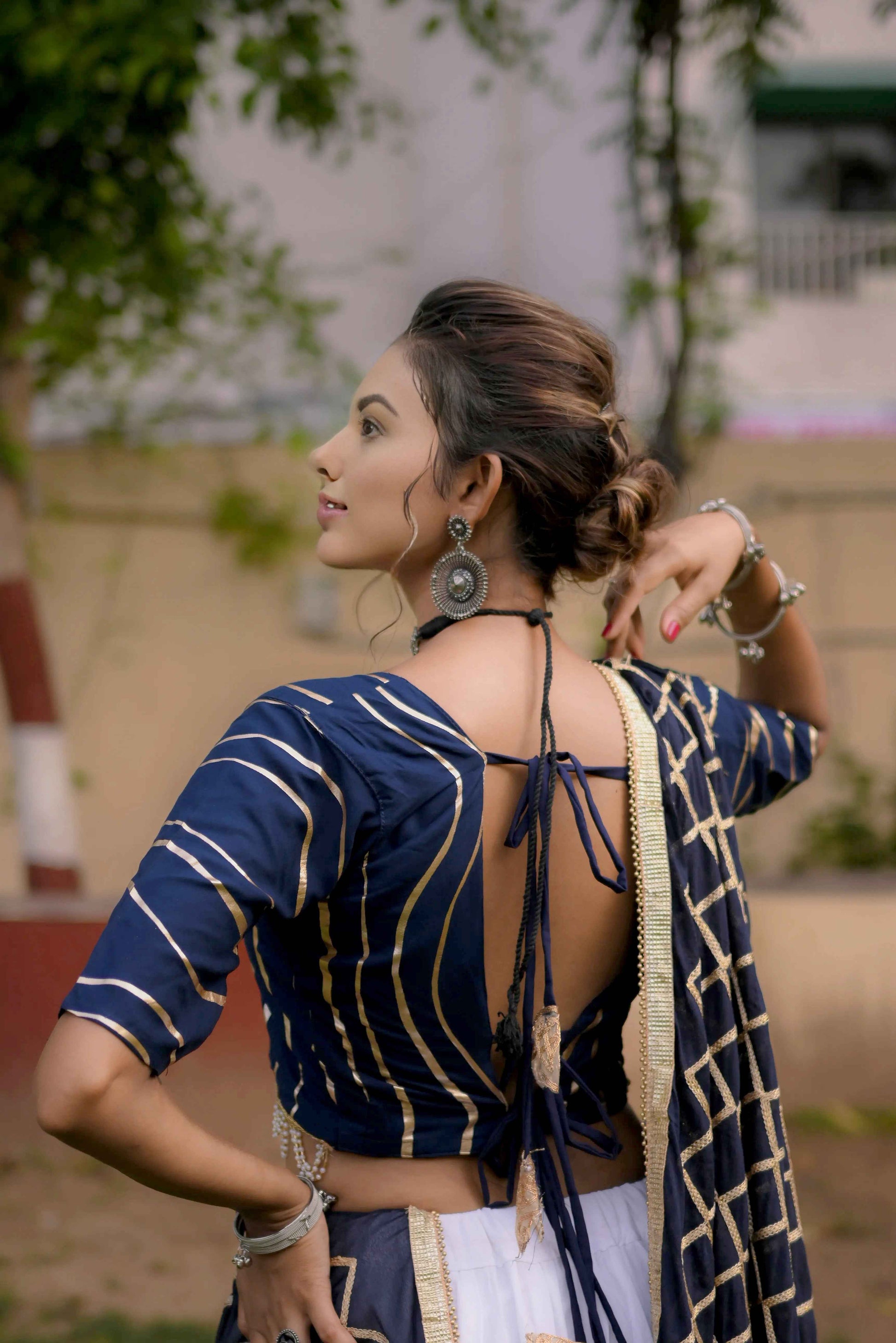 Navy Blue Lehenga Choli with Golden Lining and Dupatta in Cotton Silk - EcomEdge