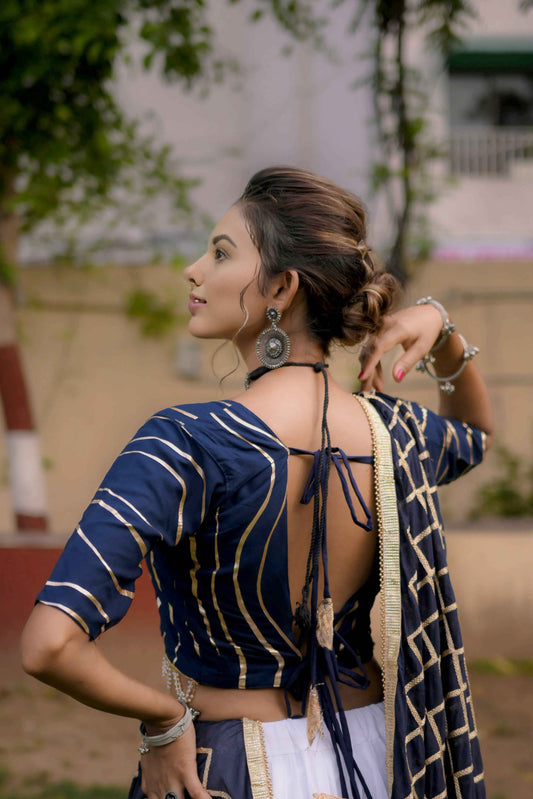 Navy Blue Lehenga Choli with Golden Lining and Dupatta in Cotton Silk - EcomEdge