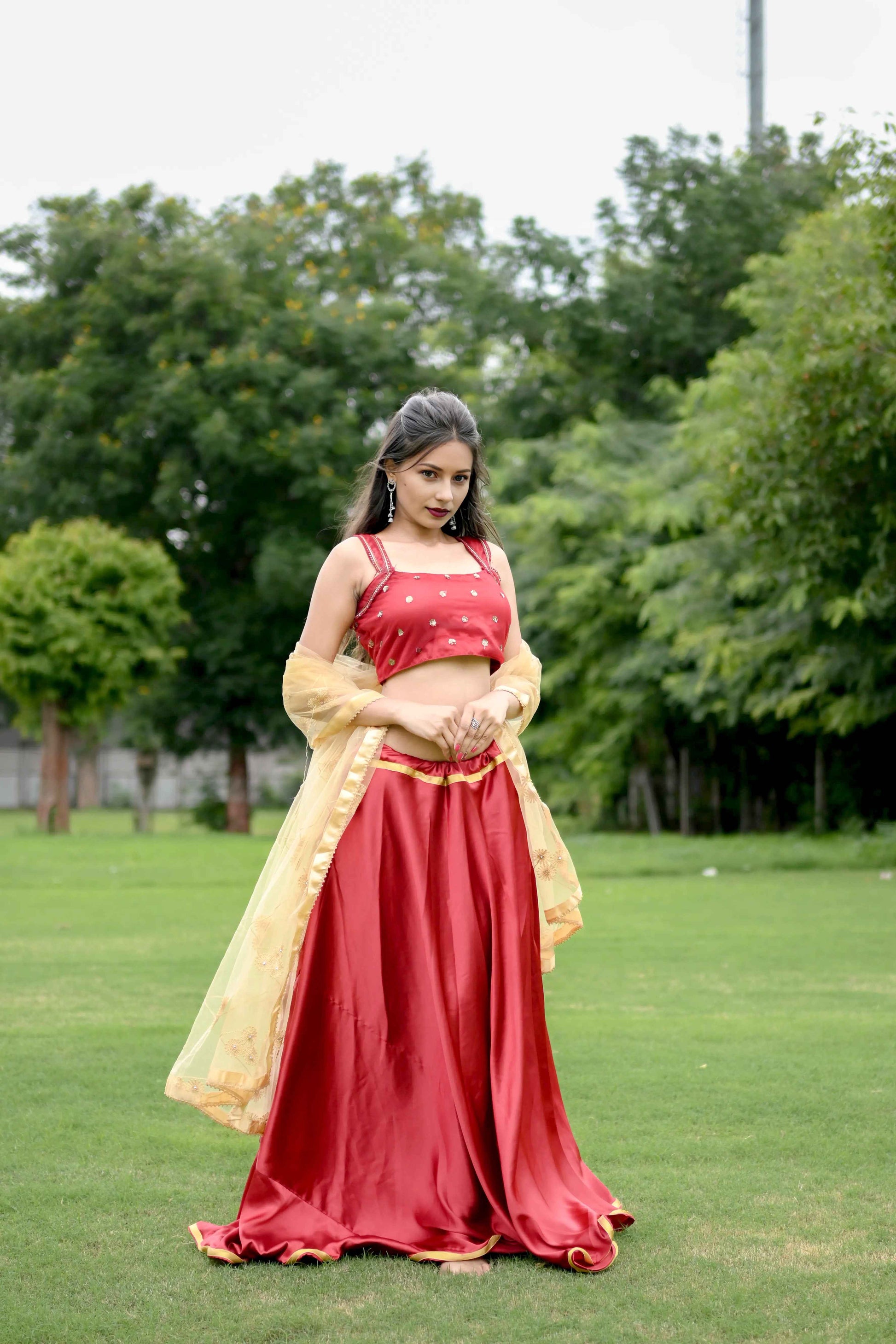 Red-Brown Satin Silk Lehenga Choli with 8 Meter Full Ghera & Net Dupatta - EcomEdge