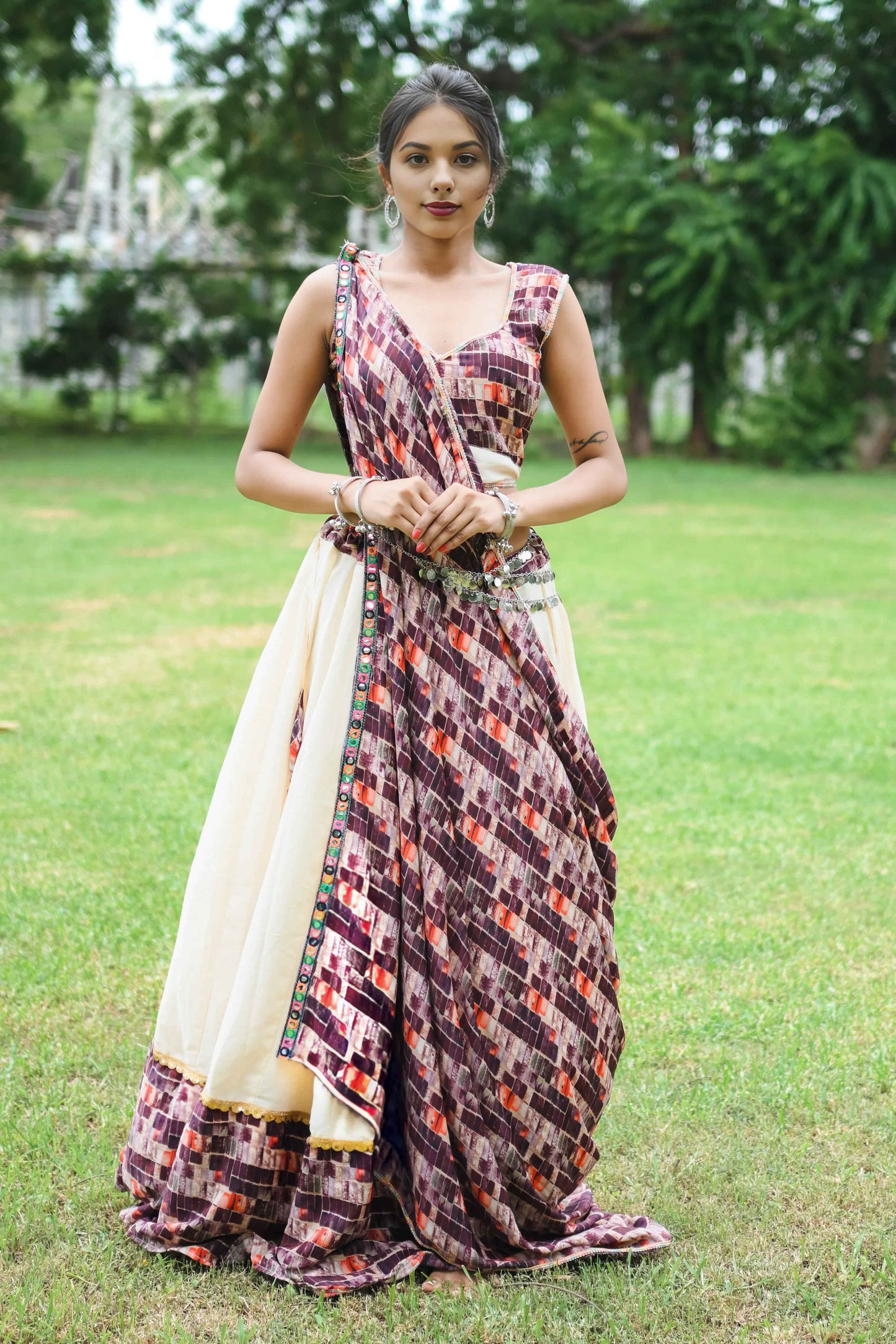 Maroon Crepe Lehenga Choli Set with 8 Meter Ghera & Dupatta - EcomEdge