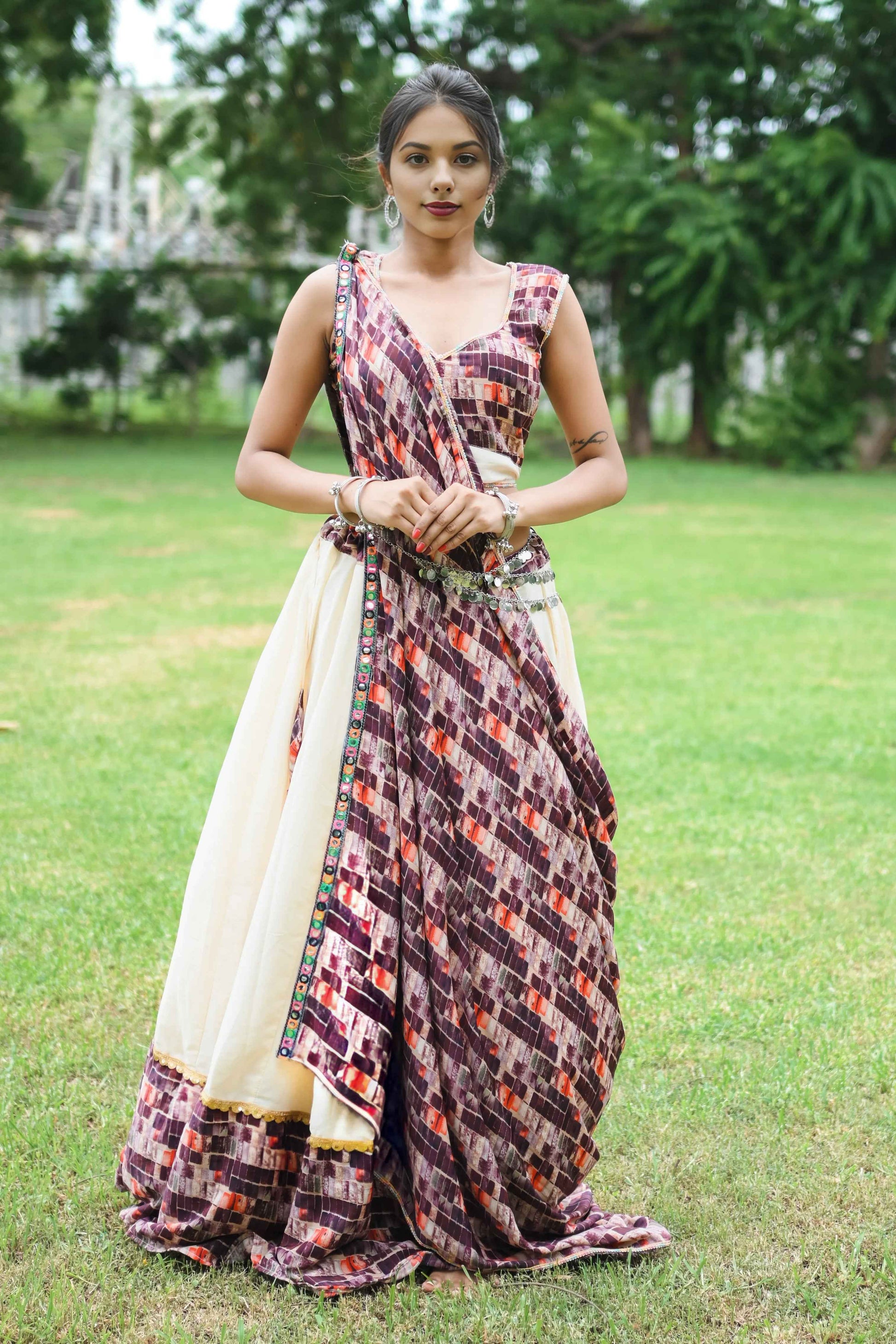 Maroon Crepe Lehenga Choli Set with 8 Meter Ghera & Dupatta - EcomEdge