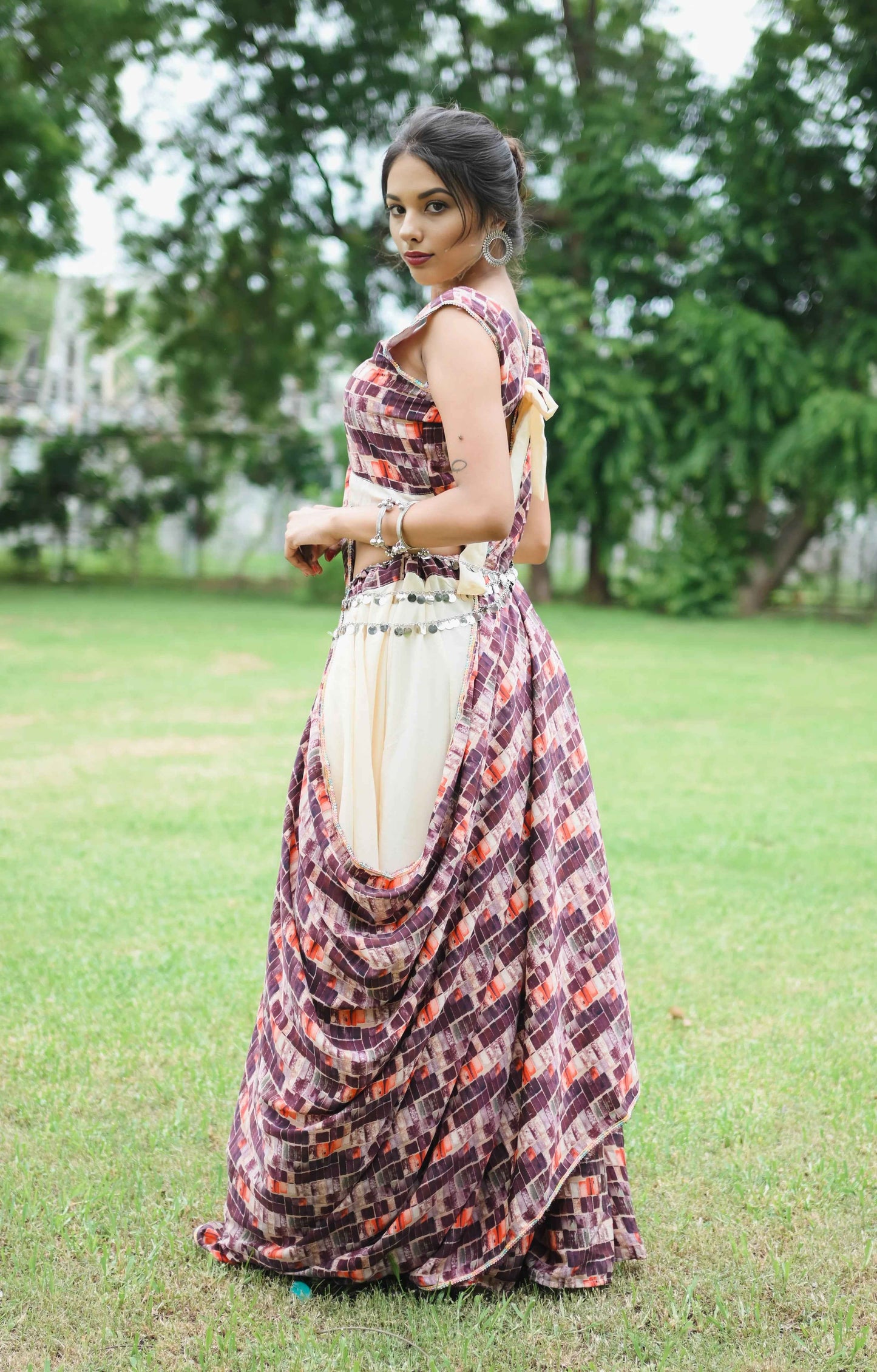 Maroon Crepe Lehenga Choli Set with 8 Meter Ghera & Dupatta - EcomEdge
