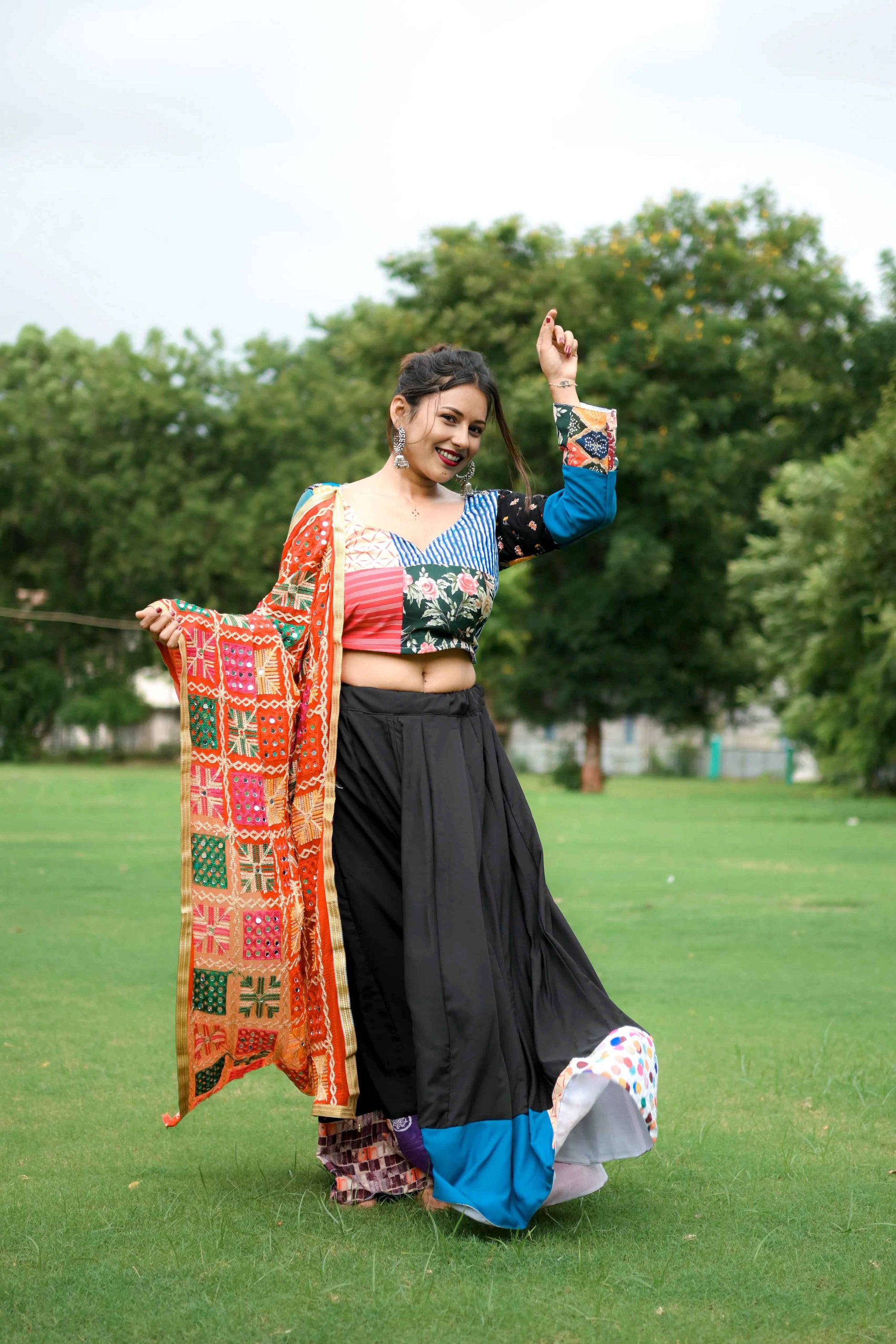 Multicolor Cotton Lehenga Choli with Phulkari Mirror Work Dupatta - EcomEdge