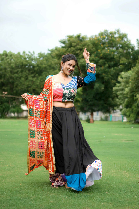 Multicolor Cotton Lehenga Choli with Phulkari Mirror Work Dupatta - EcomEdge