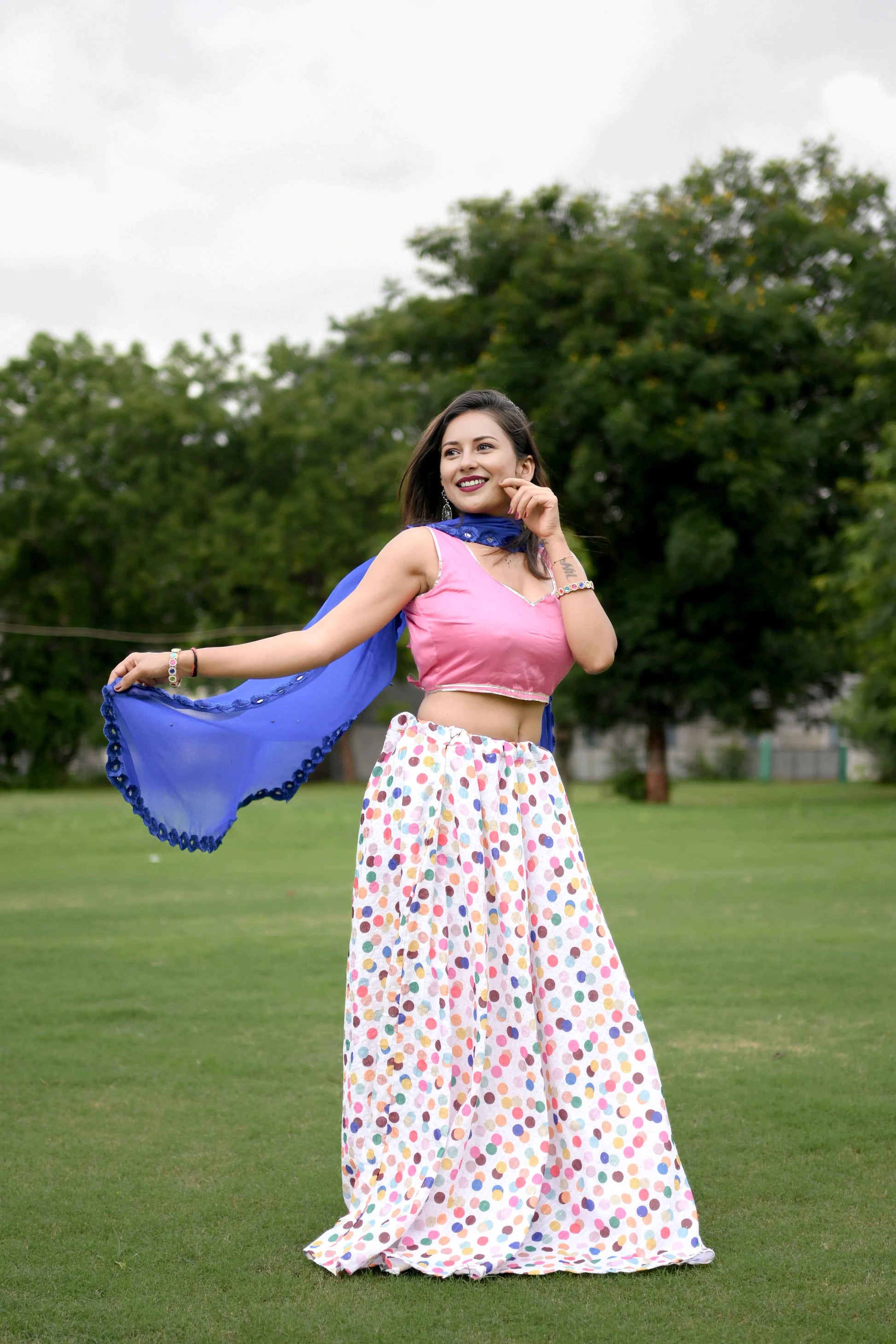 Pink Silk Lehenga Choli with Multicolor Print and Blue Georgette Dupatta - EcomEdge