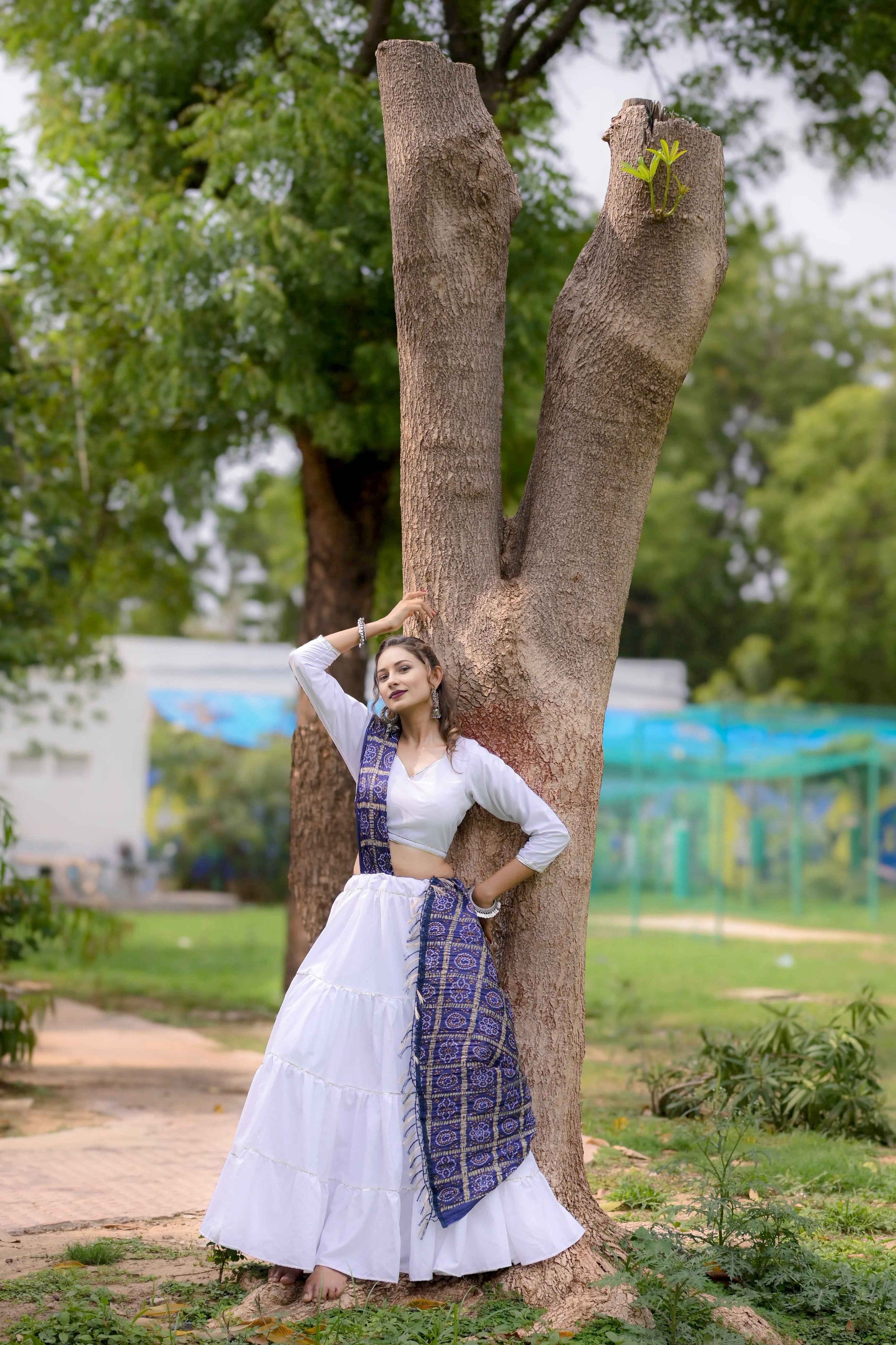 White Cotton Silk Lehenga Choli with 10 Meter Flare & Printed Organza Dupatta - EcomEdge