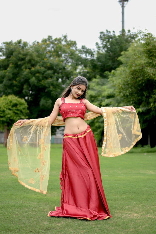 Red-Brown Satin Silk Lehenga Choli with 8 Meter Full Ghera & Net Dupatta - EcomEdge