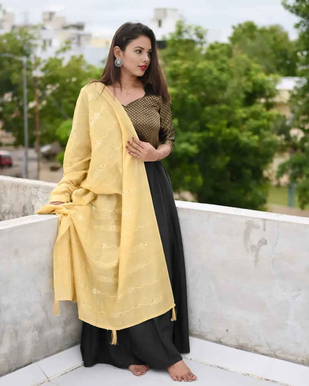 Black and Gold Lehenga Choli with Yellow Dupatta - Elegant Cotton Silk Design - EcomEdge