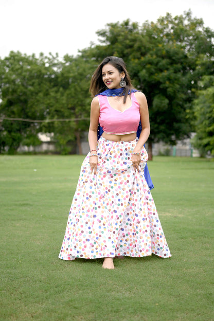 Pink Silk Lehenga Choli with Multicolor Print and Blue Georgette Dupatta - EcomEdge