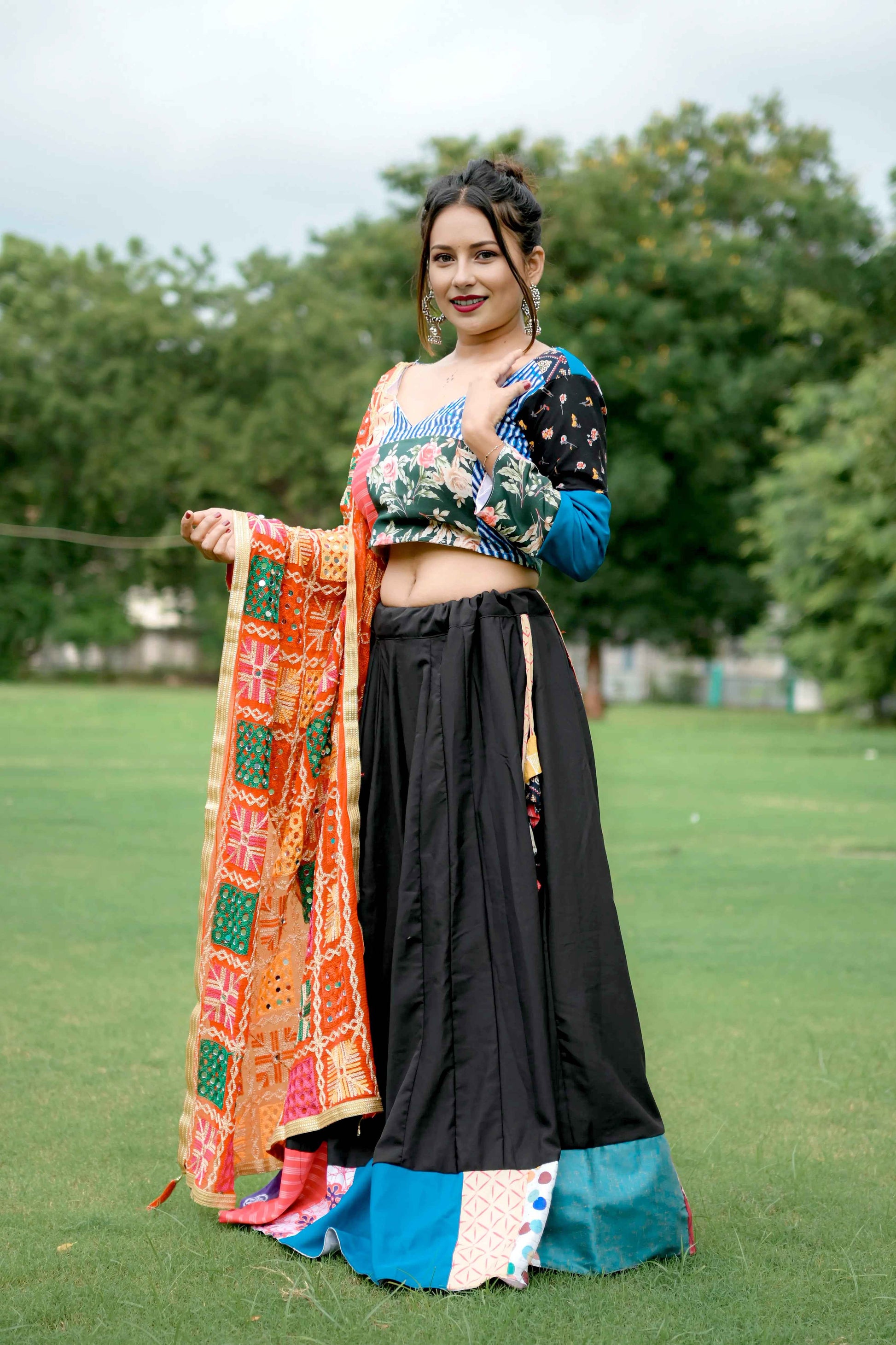 Multicolor Cotton Lehenga Choli with Phulkari Mirror Work Dupatta - EcomEdge