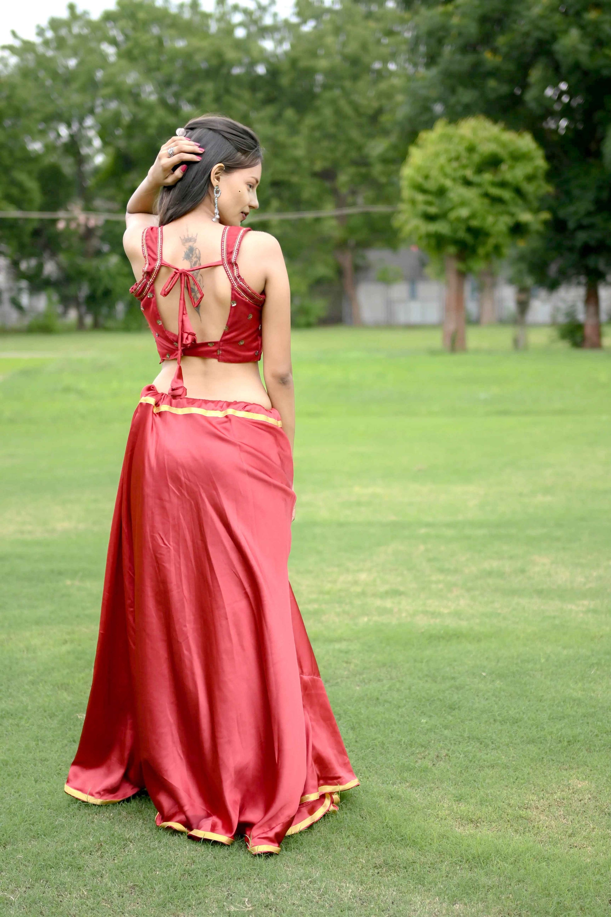 Red-Brown Satin Silk Lehenga Choli with 8 Meter Full Ghera & Net Dupatta - EcomEdge