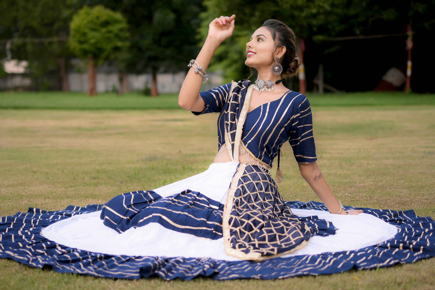 Navy Blue Lehenga Choli with Golden Lining and Dupatta in Cotton Silk - EcomEdge