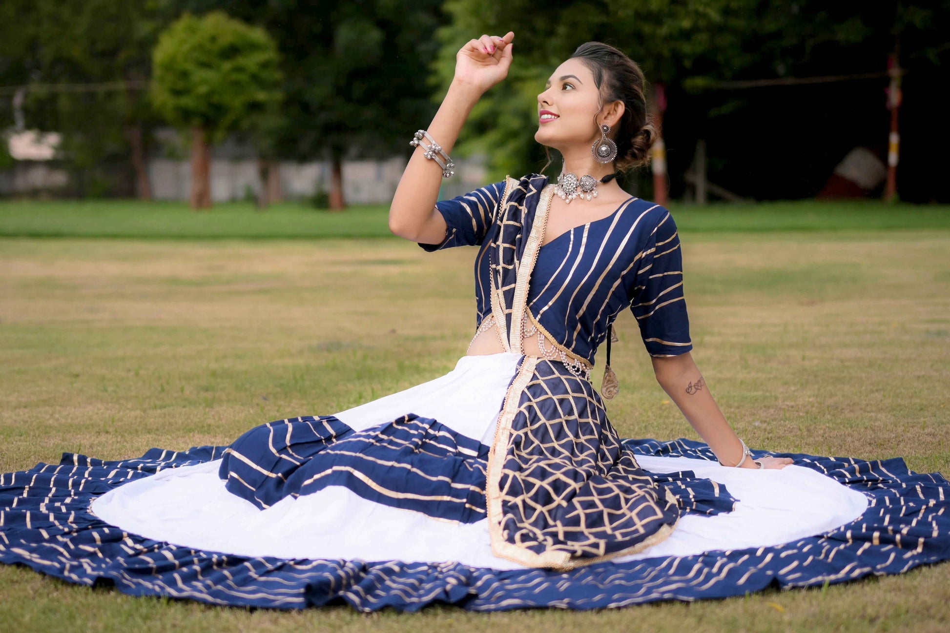 Navy Blue Lehenga Choli with Golden Lining and Dupatta in Cotton Silk - EcomEdge