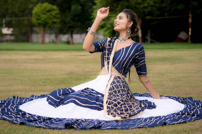 Navy Blue Lehenga Choli with Golden Lining and Dupatta in Cotton Silk - EcomEdge