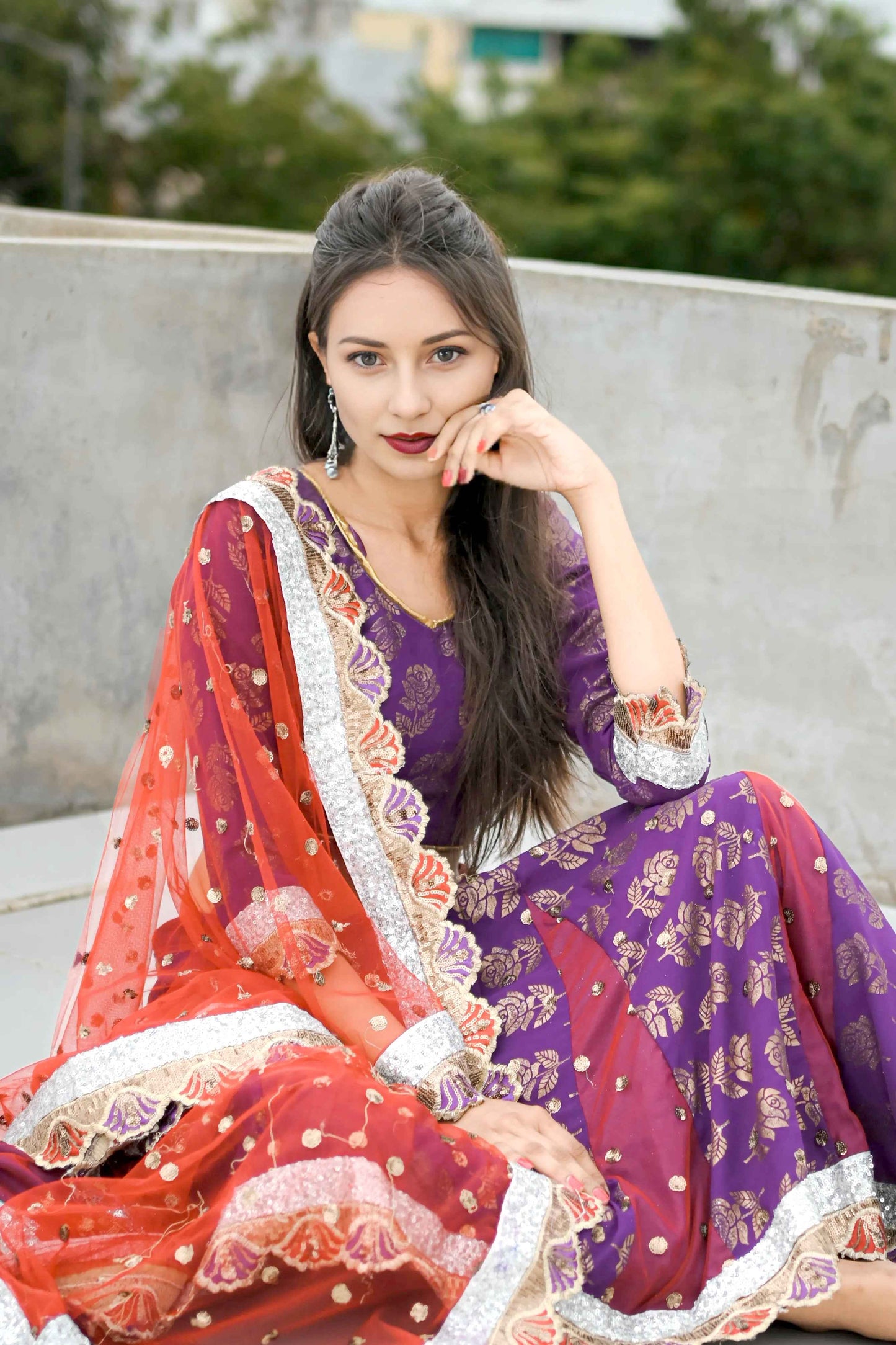 Purple Cotton Lehenga Choli with Maroon Net Dupatta & Printed Design - EcomEdge