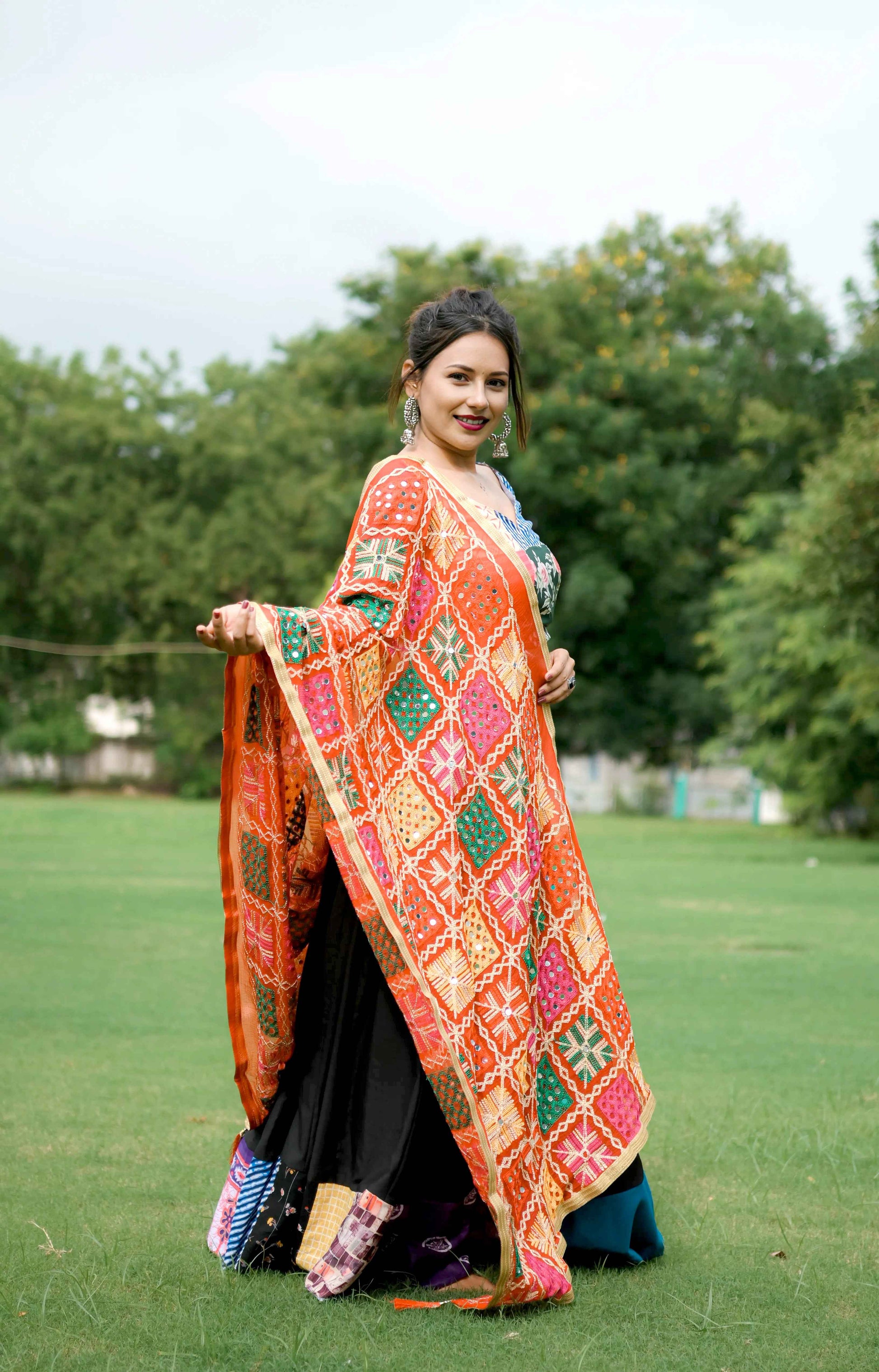 Multicolor Cotton Lehenga Choli with Phulkari Mirror Work Dupatta - EcomEdge