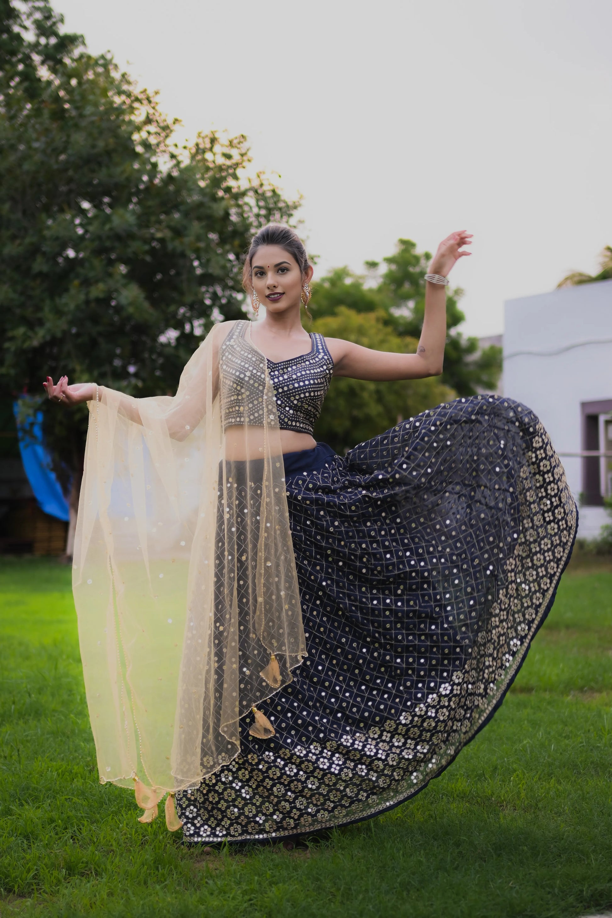 Navy Blue Lehenga Choli with Backless Choli Design, Net Dupatta & Machine Work - EcomEdge