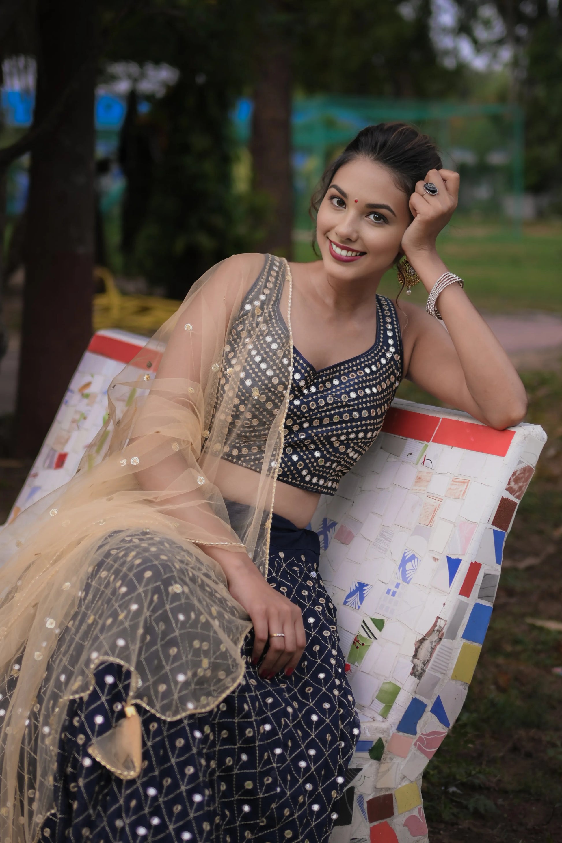 Navy Blue Lehenga Choli with Backless Choli Design, Net Dupatta & Machine Work - EcomEdge