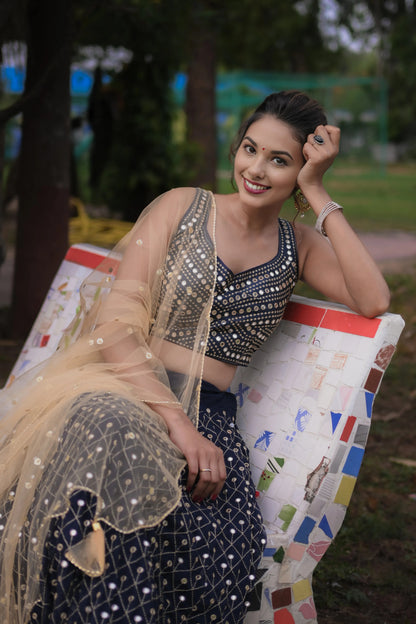 Navy Blue Lehenga Choli with Backless Choli Design, Net Dupatta & Machine Work - EcomEdge