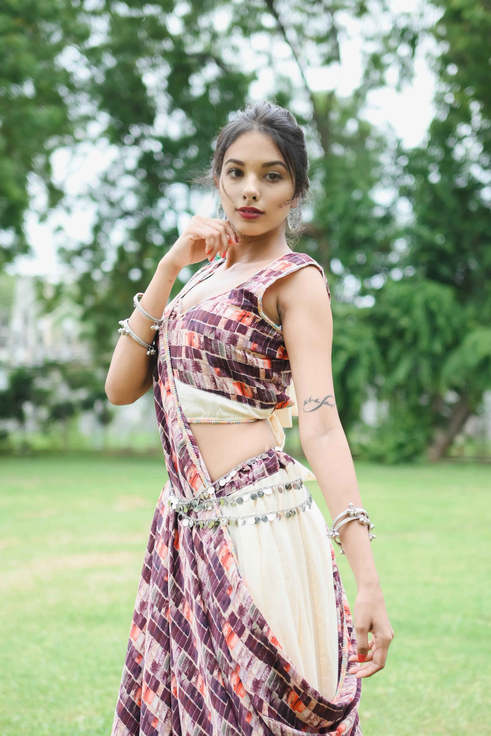 Maroon Crepe Lehenga Choli Set with 8 Meter Ghera & Dupatta - EcomEdge