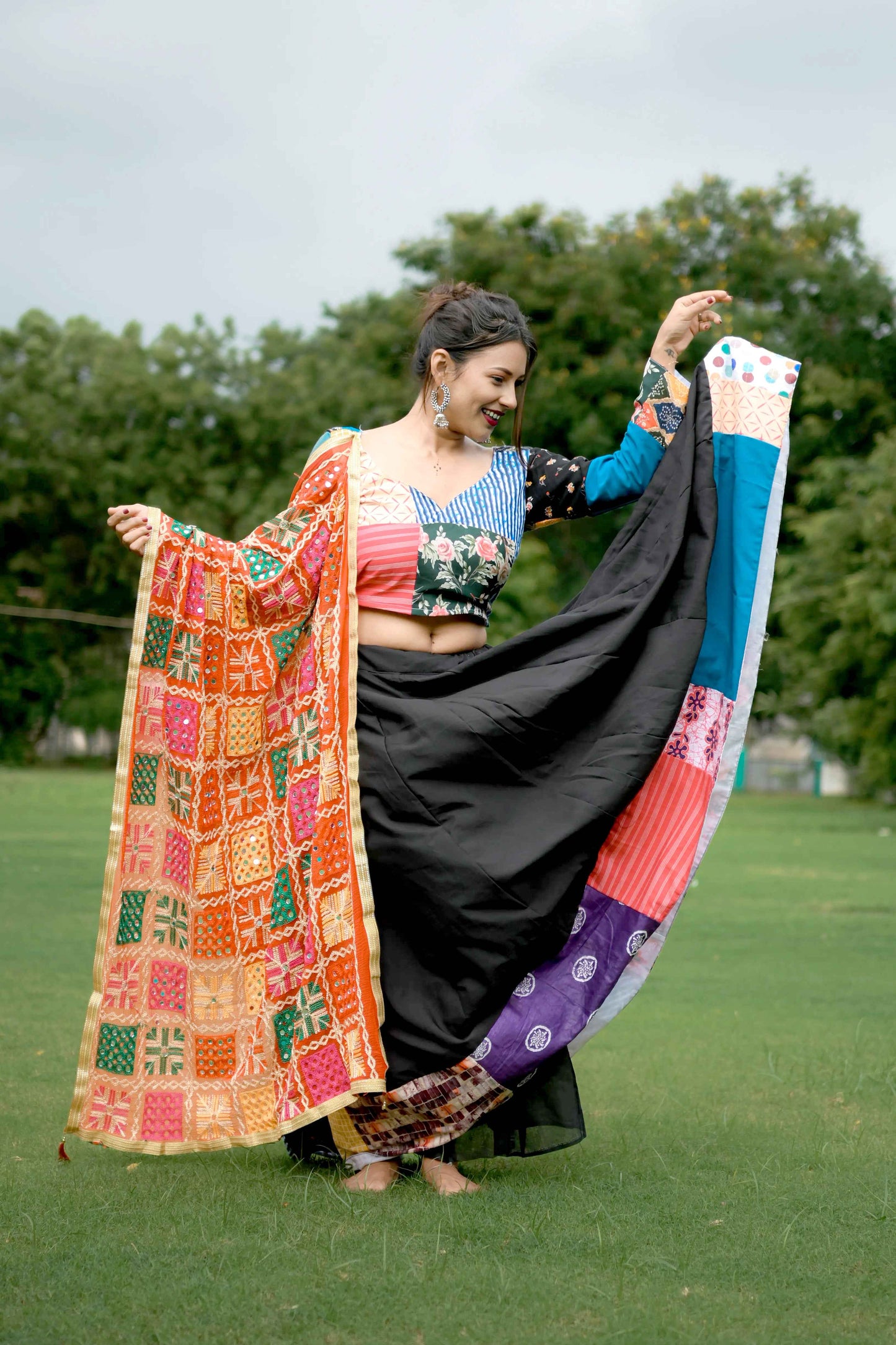Multicolor Cotton Lehenga Choli with Phulkari Mirror Work Dupatta - EcomEdge