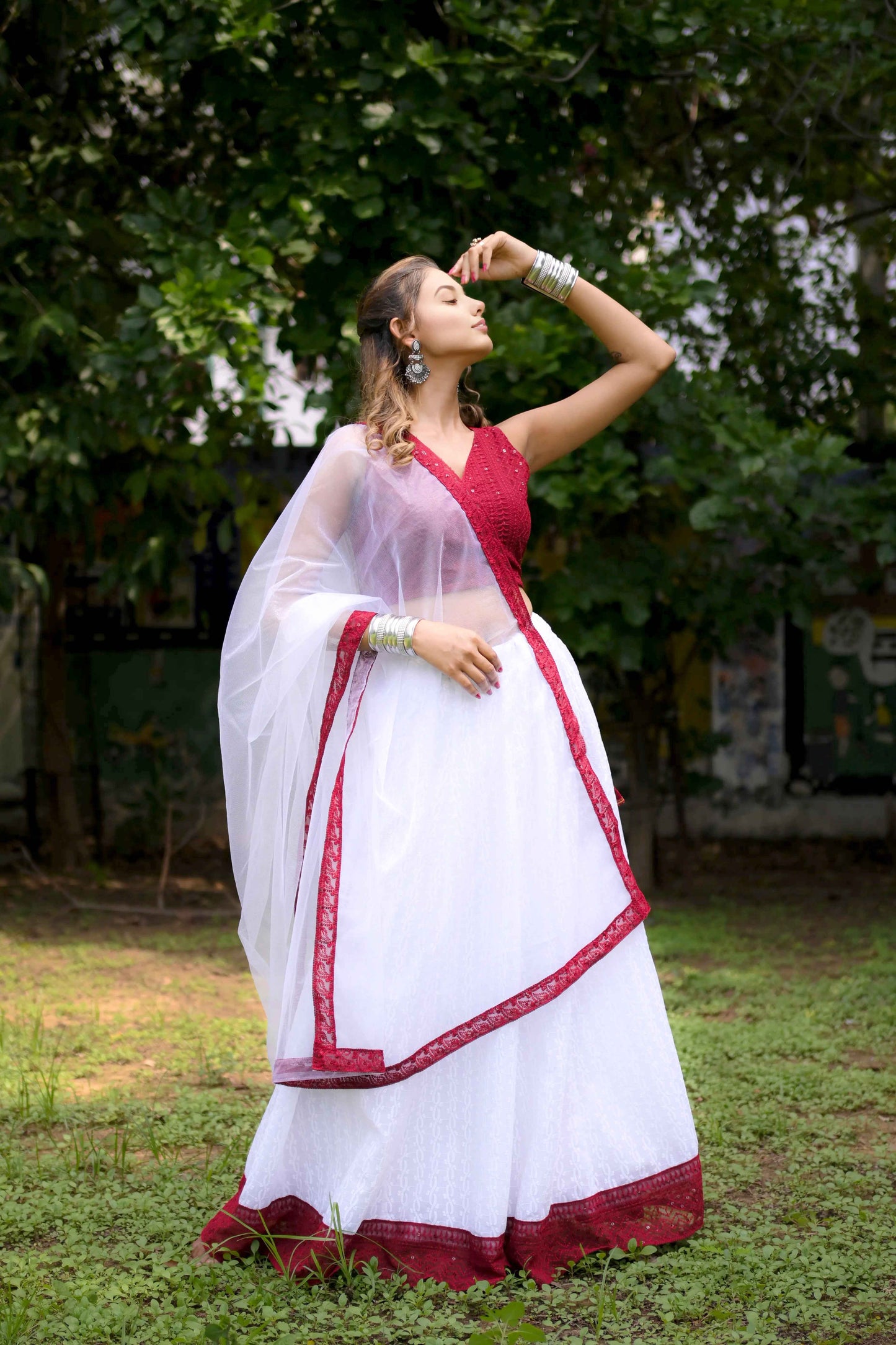 Red Brown Choli Lehenga Set with White Lehenga & Net Dupatta - EcomEdge