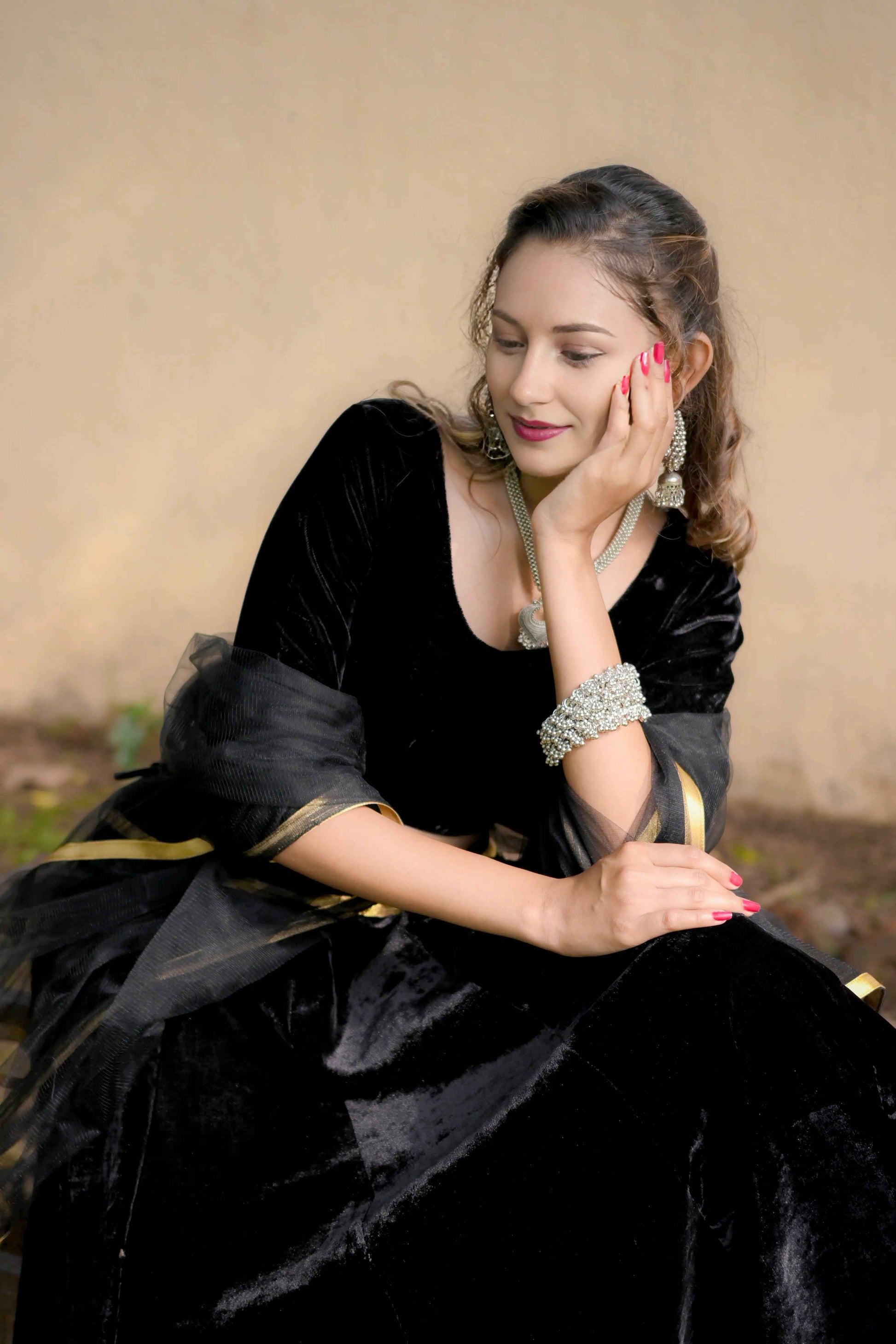 Black Velvet Lehenga Choli with Net Dupatta & Golden Lace - EcomEdge