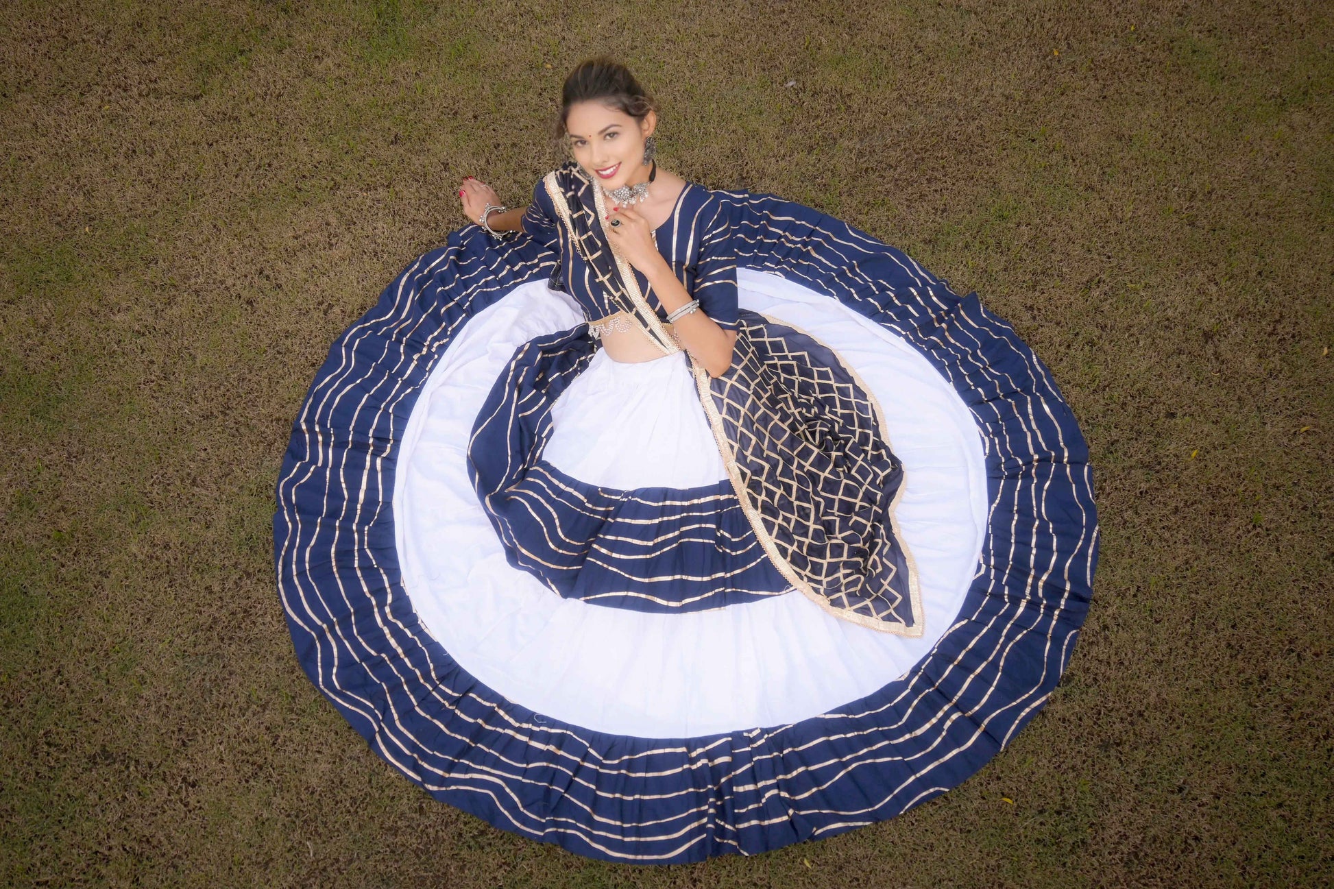 Navy Blue Lehenga Choli with Golden Lining and Dupatta in Cotton Silk - EcomEdge