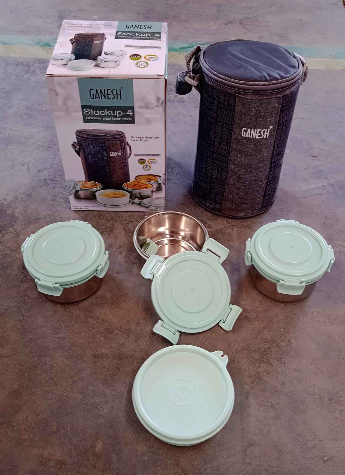 8717 4in1tiffin Box-lunch Box  3 Stainless Steel Containers 300 Ml Approx  Plastic Salad Container 200 Ml Approx Plastic Lid Box  Round Zip Bag  Leak Proof  Microwave Safefor Office College And School For Men Women