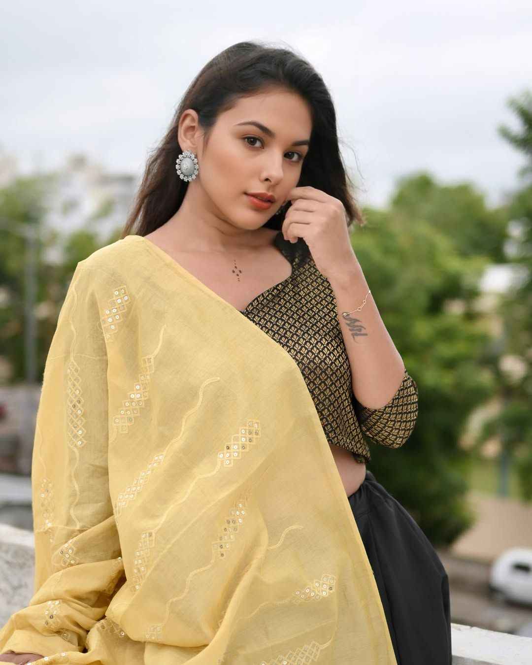 Black and Gold Lehenga Choli with Yellow Dupatta - Elegant Cotton Silk Design - EcomEdge