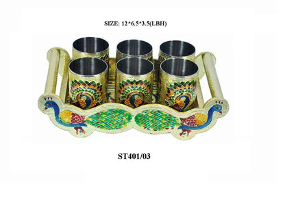 2125 Peacock Design Glass With Handle And Handicraft Serving Tray Set
